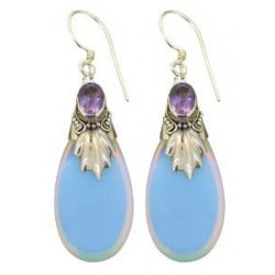 Opal Amethyst Sterling Silver Earrings - Balinese Dangle Drop Earrings - Opalite Opal Glass Set with Purple Amethyst