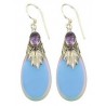 Opal Amethyst Sterling Silver Earrings - Balinese Dangle Drop Earrings - Opalite Opal Glass Set with Purple Amethyst
